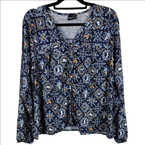 Cruel Denim Navy Blue Paisley Western Motif  V-Neck Long Sleeve Button Down Top